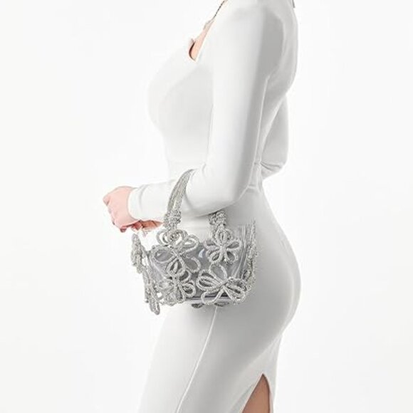 Neiman Marcus Silver Floral Evening Rhinestone Handbag - Picture 3 of 5